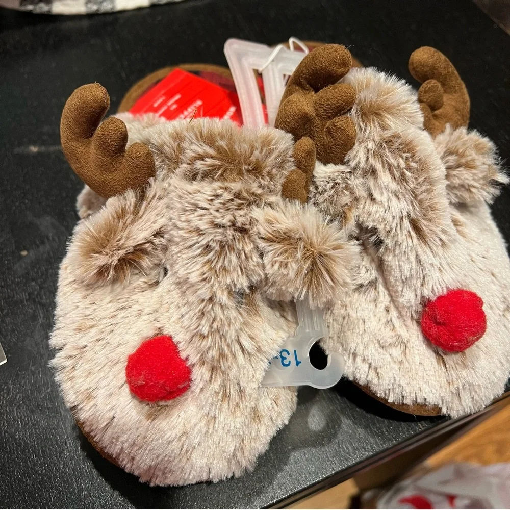 Wondershop Kids Holiday Reindeer Furry Holiday Slippers - Brown Size 13-1